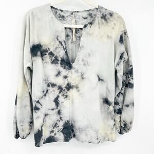 Raquel Allegra Womens Boho Hippie Tie Dye V-Neck Black Lemon Getty Blouse Size S